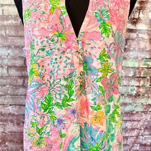 Lilly Pulitzer Pink Multi Floral Henley Tank
